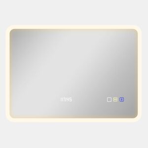 HOMCOM Espelho de Casa de Banho com Luz LED Bluetooth 70x50 cm, Espelho de Parede com 3 Tons de Luz, Relógio Digital, Brilho Ajustável, Antivapor, Memória, Interruptor Tátil, IP44