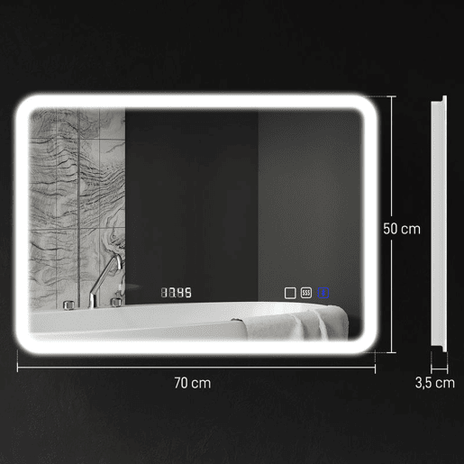 HOMCOM Espelho de Casa de Banho com Luz LED Bluetooth 70x50 cm, Espelho de Parede com 3 Tons de Luz, Relógio Digital, Brilho Ajustável, Antivapor, Memória, Interruptor Tátil, IP44