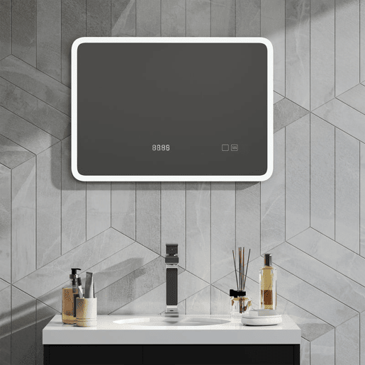 HOMCOM Espelho de Casa de Banho com Luz LED Bluetooth 70x50 cm, Espelho de Parede com 3 Tons de Luz, Relógio Digital, Brilho Ajustável, Antivapor, Memória, Interruptor Tátil, IP44
