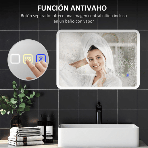 HOMCOM Espelho de Casa de Banho com Luz LED Bluetooth 70x50 cm, Espelho de Parede com 3 Tons de Luz, Relógio Digital, Brilho Ajustável, Antivapor, Memória, Interruptor Tátil, IP44