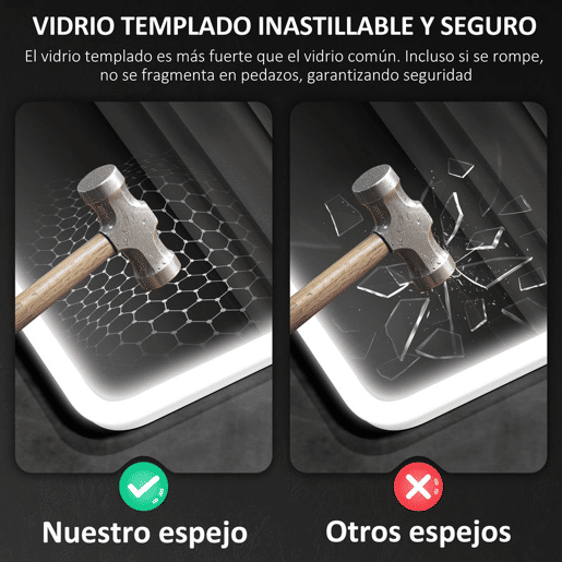 HOMCOM Espelho de Casa de Banho com Luz LED Bluetooth 70x50 cm, Espelho de Parede com 3 Tons de Luz, Relógio Digital, Brilho Ajustável, Antivapor, Memória, Interruptor Tátil, IP44