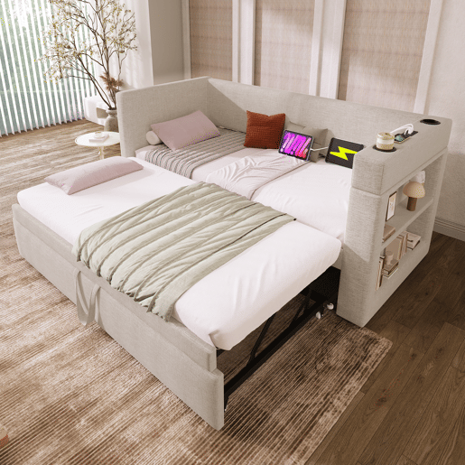 Sofá cama individual de algodão e linho 90x200cm,bege Sofá cama individual de algodão e linho 90x200cm,bege
