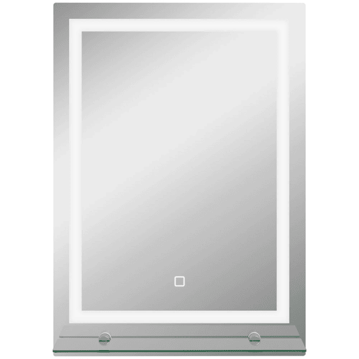kleankin Espelho de Casa de Banho com Luzes LED 50x70 cm Espelho para Casa de Banho com Moldura de Alumínio, Interruptor Tátil e Prateleira de Vidro para Sala de Estar, Entrada, Prata.