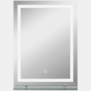 kleankin Espelho de Casa de Banho com Luzes LED 50x70 cm Espelho para Casa de Banho com Moldura de Alumínio, Interruptor Tátil e Prateleira de Vidro para Sala de Estar, Entrada, Prata.