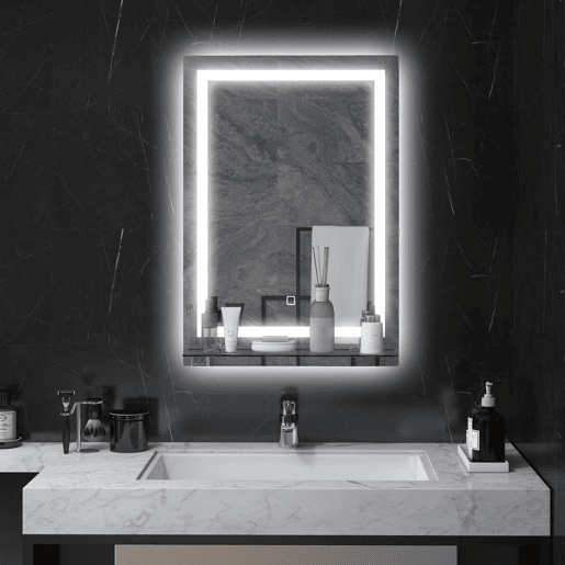 kleankin Espelho de Casa de Banho com Luzes LED 50x70 cm Espelho para Casa de Banho com Moldura de Alumínio, Interruptor Tátil e Prateleira de Vidro para Sala de Estar, Entrada, Prata.