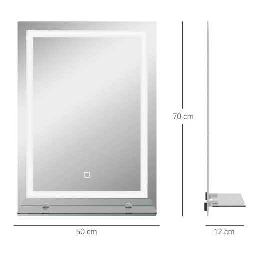 kleankin Espelho de Casa de Banho com Luzes LED 50x70 cm Espelho para Casa de Banho com Moldura de Alumínio, Interruptor Tátil e Prateleira de Vidro para Sala de Estar, Entrada, Prata.