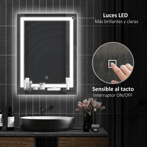 kleankin Espelho de Casa de Banho com Luzes LED 50x70 cm Espelho para Casa de Banho com Moldura de Alumínio, Interruptor Tátil e Prateleira de Vidro para Sala de Estar, Entrada, Prata.