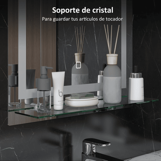 kleankin Espelho de Casa de Banho com Luzes LED 50x70 cm Espelho para Casa de Banho com Moldura de Alumínio, Interruptor Tátil e Prateleira de Vidro para Sala de Estar, Entrada, Prata.