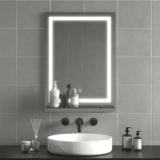 kleankin Espelho de Casa de Banho com Luzes LED 50x70 cm Espelho para Casa de Banho com Moldura de Alumínio, Interruptor Tátil e Prateleira de Vidro para Sala de Estar, Entrada, Prata.