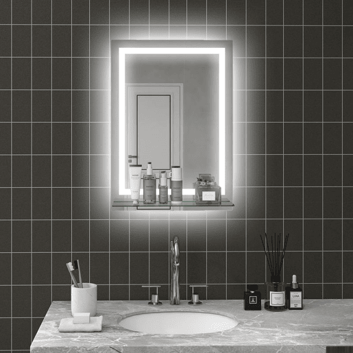 kleankin Espelho de Casa de Banho com Luzes LED 50x70 cm Espelho para Casa de Banho com Moldura de Alumínio, Interruptor Tátil e Prateleira de Vidro para Sala de Estar, Entrada, Prata.