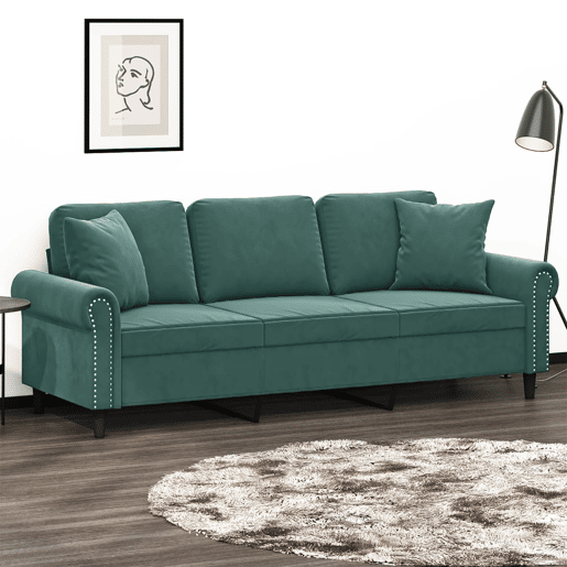 Sofá 3 lug. - Sofá fixo c almofadas decorativas 180 cm veludo verde-escuro