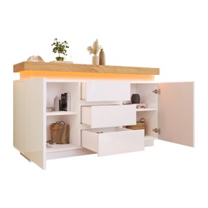 Aparador de painel de partículas com luz led,2 portas e 3 gavetas,branco+natural