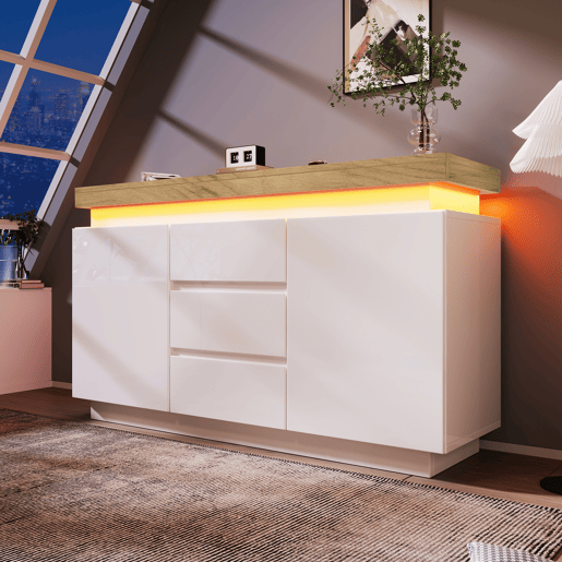 Aparador de painel de partículas com luz led,2 portas e 3 gavetas,branco+natural