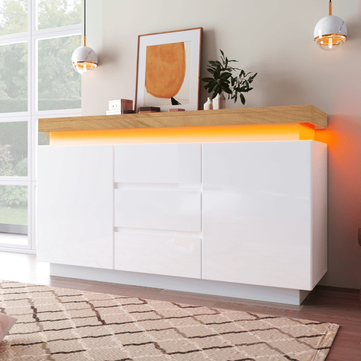 Aparador de painel de partículas com luz led,2 portas e 3 gavetas,branco+natural