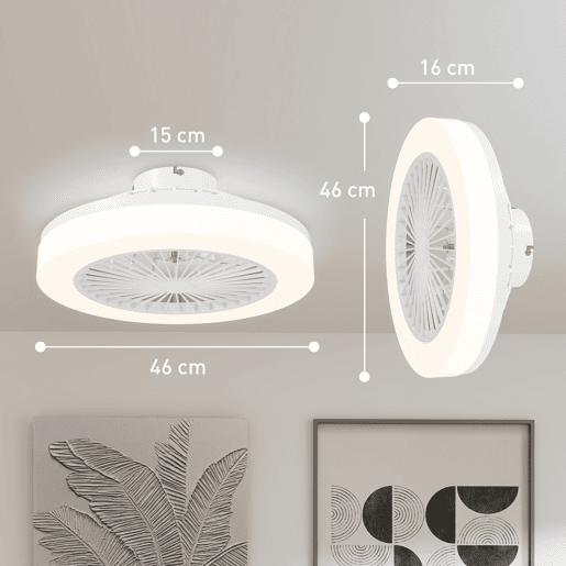 HOMCOM Ventoinha de Teto com Luz LED 40 W Motor DC Revertível Candeeiro Ventoinha de Teto Silencioso com Controlo Remoto 6 Velocidades Temporizador para Sala de Estar Dormitório Ø46x16 cm Branco