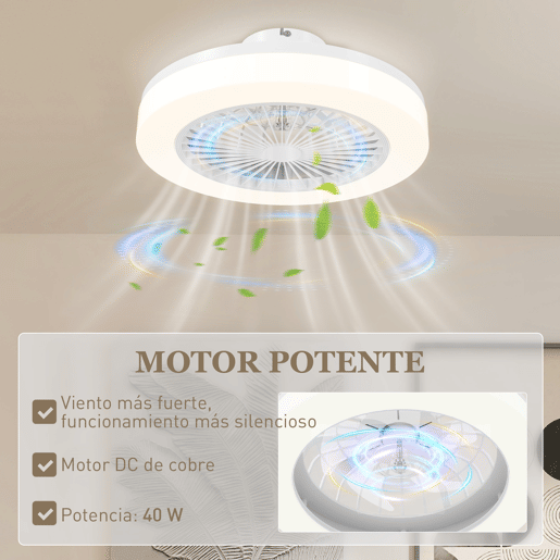 HOMCOM Ventoinha de Teto com Luz LED 40 W Motor DC Revertível Candeeiro Ventoinha de Teto Silencioso com Controlo Remoto 6 Velocidades Temporizador para Sala de Estar Dormitório Ø46x16 cm Branco
