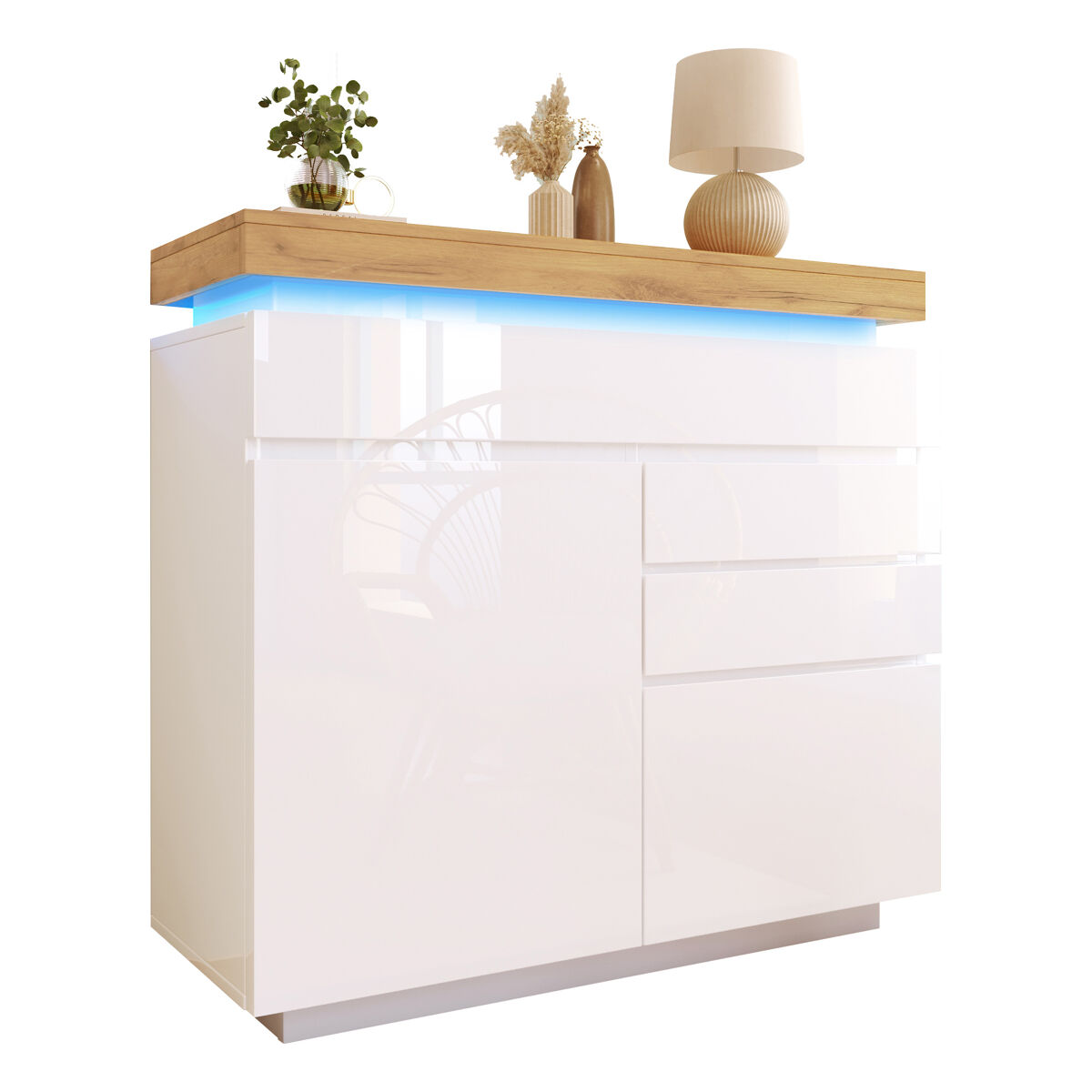 Aparador de panel de partículas con luz led,2 puertas y 3 cajones,blanco+natural