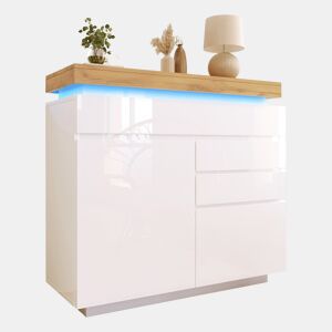 Aparador de painel de partículas com luz led,2 portas e 3 gavetas,branco+natural