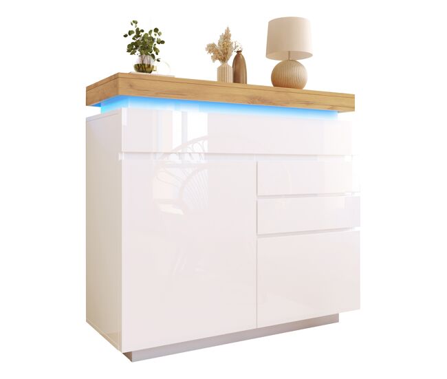 Aparador de panel de partículas con luz led,2 puertas y 3 cajones,blanco+natural