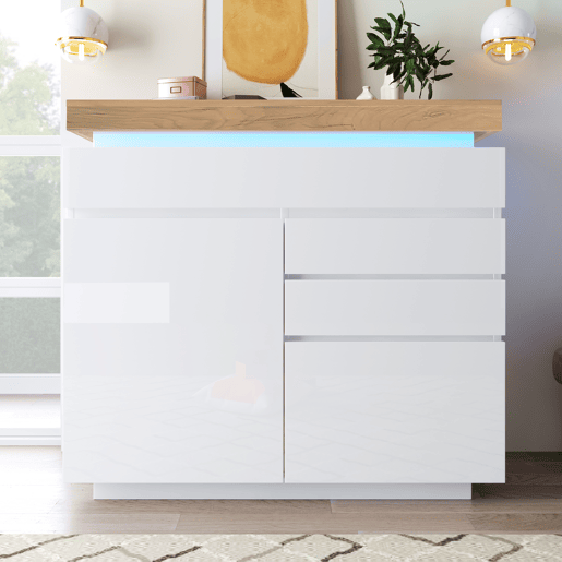 Aparador de painel de partículas com luz led,2 portas e 3 gavetas,branco+natural