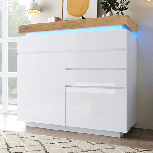 Aparador de painel de partículas com luz led,2 portas e 3 gavetas,branco+natural