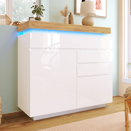 Aparador de painel de partículas com luz led,2 portas e 3 gavetas,branco+natural