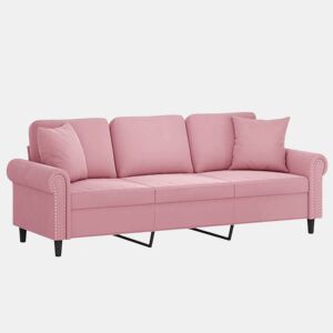 Sofá 3 lugares - Sofá fixo c almofadas decorativas 180 cm veludo rosa