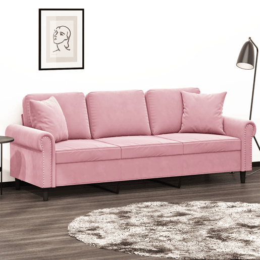 Sofá 3 lugares - Sofá fixo c almofadas decorativas 180 cm veludo rosa Sofá 3 lugares - Sofá fixo c almofadas decorativas 180 cm veludo rosa