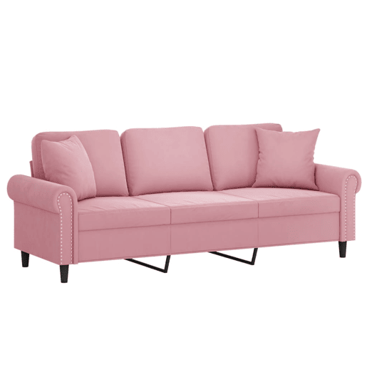 Sofá 3 lugares - Sofá fixo c almofadas decorativas 180 cm veludo rosa Sofá 3 lugares - Sofá fixo c almofadas decorativas 180 cm veludo rosa