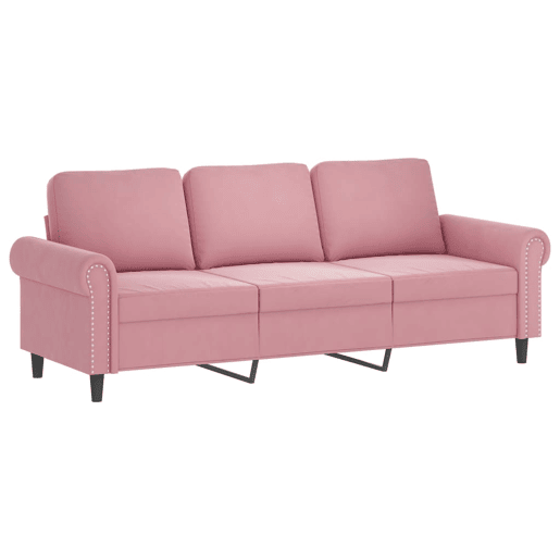 Sofá 3 lugares - Sofá fixo c almofadas decorativas 180 cm veludo rosa Sofá 3 lugares - Sofá fixo c almofadas decorativas 180 cm veludo rosa
