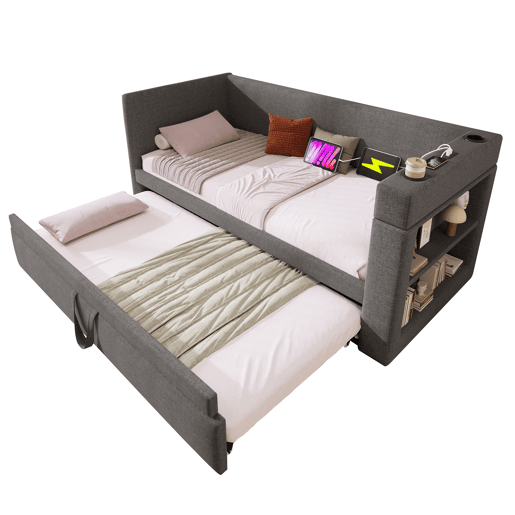Sofá cama individual de algodão e linho 90x200cm,cinzento Sofá cama individual de algodão e linho 90x200cm,cinzento