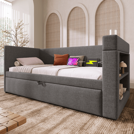Sofá cama individual de algodão e linho 90x200cm,cinzento Sofá cama individual de algodão e linho 90x200cm,cinzento