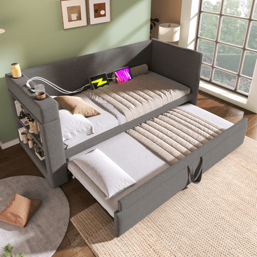 Sofá cama individual de algodão e linho 90x200cm,cinzento Sofá cama individual de algodão e linho 90x200cm,cinzento