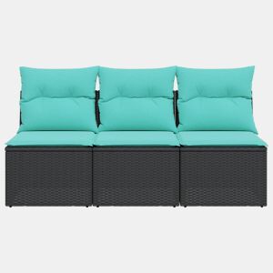 vidaXL Sofá de jardim 3 lugares com almofadões vime PE preto