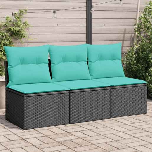 vidaXL Sofá de jardim 3 lugares com almofadões vime PE preto vidaXL Sofá de jardim 3 lugares com almofadões vime PE preto
