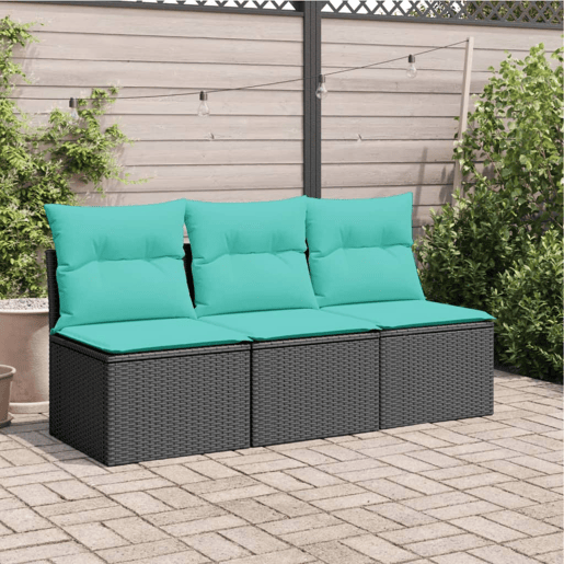 vidaXL Sofá de jardim 3 lugares com almofadões vime PE preto vidaXL Sofá de jardim 3 lugares com almofadões vime PE preto