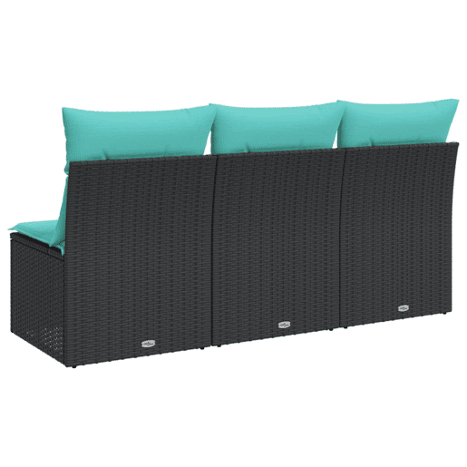 vidaXL Sofá de jardim 3 lugares com almofadões vime PE preto vidaXL Sofá de jardim 3 lugares com almofadões vime PE preto