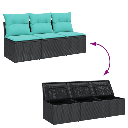 vidaXL Sofá de jardim 3 lugares com almofadões vime PE preto vidaXL Sofá de jardim 3 lugares com almofadões vime PE preto
