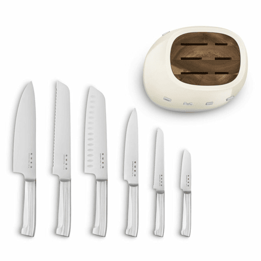 Conjunto de Facas de Cozinha e Suporte Smeg KBSF02CR Creme Aço inoxidável