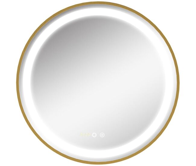 Kleankin espejo de baño con luz led ø60x4 cm espejo redondo con interruptor táctil 3 luces ajustable visualización de temperatura y hora función de memoria marco de aluminio dorado