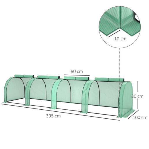 Outsunny Estufa de Jardim Exterior 400x100x80 cm com 4 Portas Enroláveis e Estrutura em Aço para Cultivo de Plantas e Flores Verde