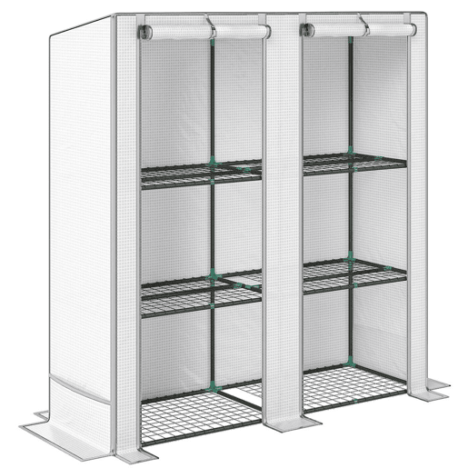 Outsunny Estufa de Exterior com Teto Inclinado Estufa Pequena com 3 Prateleiras 2 Portas de Enrolar Capa de PE e Estrutura de Aço para Cultivos Plantas Flores 144x48x152 cm Branco