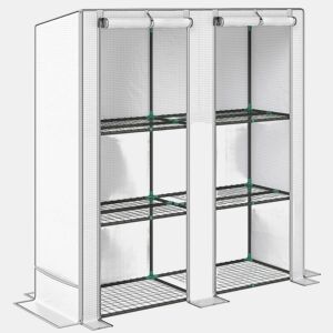 Outsunny Estufa de Exterior com Teto Inclinado Estufa Pequena com 3 Prateleiras 2 Portas de Enrolar Capa de PE e Estrutura de Aço para Cultivos Plantas Flores 144x48x152 cm Branco