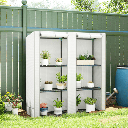 Outsunny Estufa de Exterior com Teto Inclinado Estufa Pequena com 3 Prateleiras 2 Portas de Enrolar Capa de PE e Estrutura de Aço para Cultivos Plantas Flores 144x48x152 cm Branco