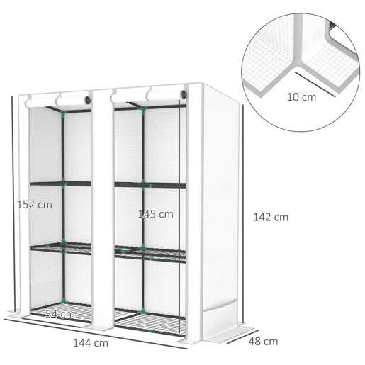 Outsunny Estufa de Exterior com Teto Inclinado Estufa Pequena com 3 Prateleiras 2 Portas de Enrolar Capa de PE e Estrutura de Aço para Cultivos Plantas Flores 144x48x152 cm Branco