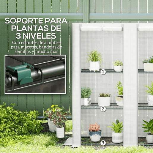 Outsunny Estufa de Exterior com Teto Inclinado Estufa Pequena com 3 Prateleiras 2 Portas de Enrolar Capa de PE e Estrutura de Aço para Cultivos Plantas Flores 144x48x152 cm Branco