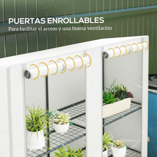 Outsunny Estufa de Exterior com Teto Inclinado Estufa Pequena com 3 Prateleiras 2 Portas de Enrolar Capa de PE e Estrutura de Aço para Cultivos Plantas Flores 144x48x152 cm Branco