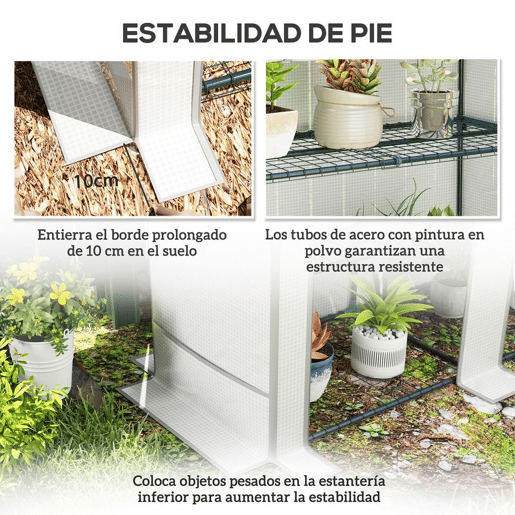 Outsunny Estufa de Exterior com Teto Inclinado Estufa Pequena com 3 Prateleiras 2 Portas de Enrolar Capa de PE e Estrutura de Aço para Cultivos Plantas Flores 144x48x152 cm Branco