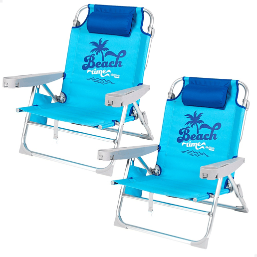 Aktive Conjunto de 2 cadeiras de praia baixas dobráveis com várias posições, azul Beach Time