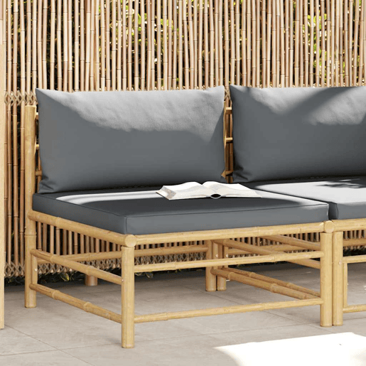 vidaXL Sofá de centro p jardim com almofadões cinzento-escuro bambu vidaXL Sofá de centro p jardim com almofadões cinzento-escuro bambu
